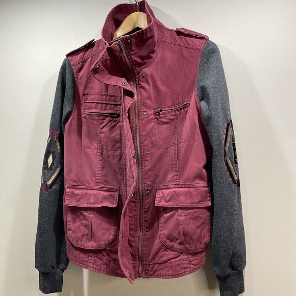 LA Hearts Womens M High Neck Embroidered Utility Jacket Boho Southwest Burgundy - Picture 12 of 12